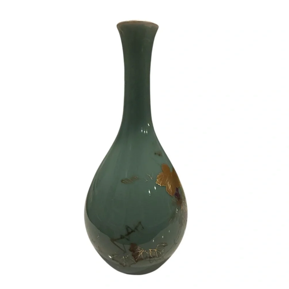 Asian Turquoise Gilt Decorated Crane Neck Porcelain Glazed Large Vase #2